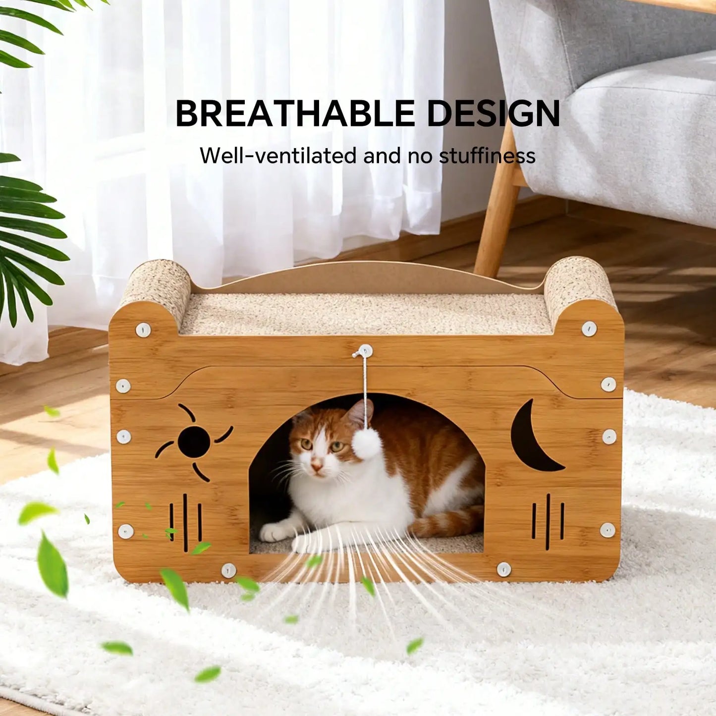 2 In 1 Double Layer Cardboard Cat Scratcher Lounge Bed Bubble Fish Star Moon Double Cat Head Pattern Detachable Upper Platform Cat Hideaway With 2 Hanging Pom Pom Balls For Multi Cat Households