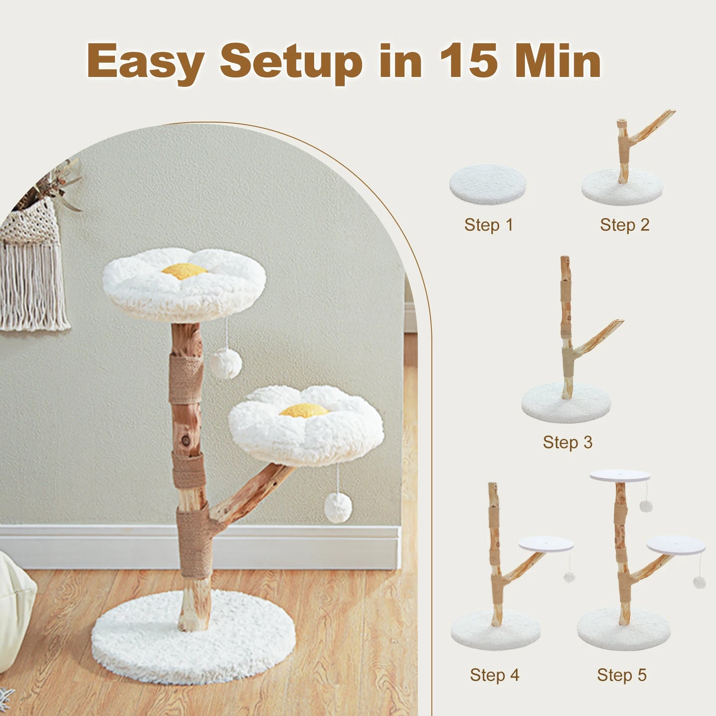 Modern Cat Tree Tower with Natural Solid Wood Scratching Posts Spacious Wicker Basket Luxury Cat Condo Bed for Indoor Cat Toys