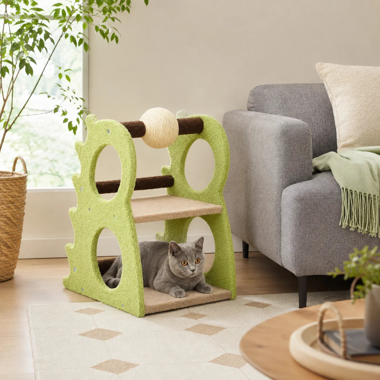 Two Level Indoor Cat Tree with Cozy Resting Platforms and Rotating Sisal Scratching Ball