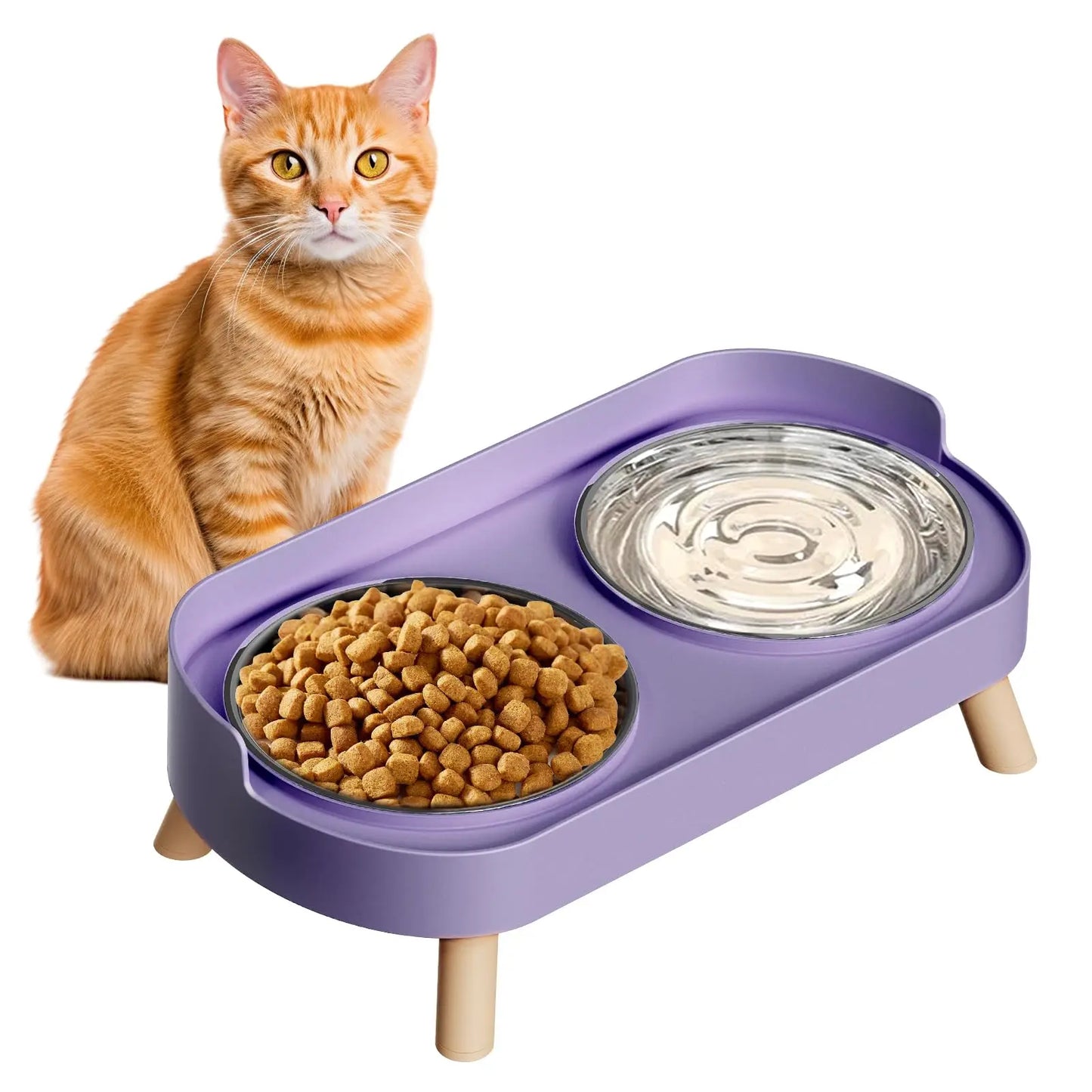 Elevated Cat Bowl, Raised Cat Food and Water Bowl Set for Indoor Cats, Splash Proof with  Stainless Steel Pet Food Bowls for Cats and Puppies, Whisker Fatigue and Dishwasher Safe - White
