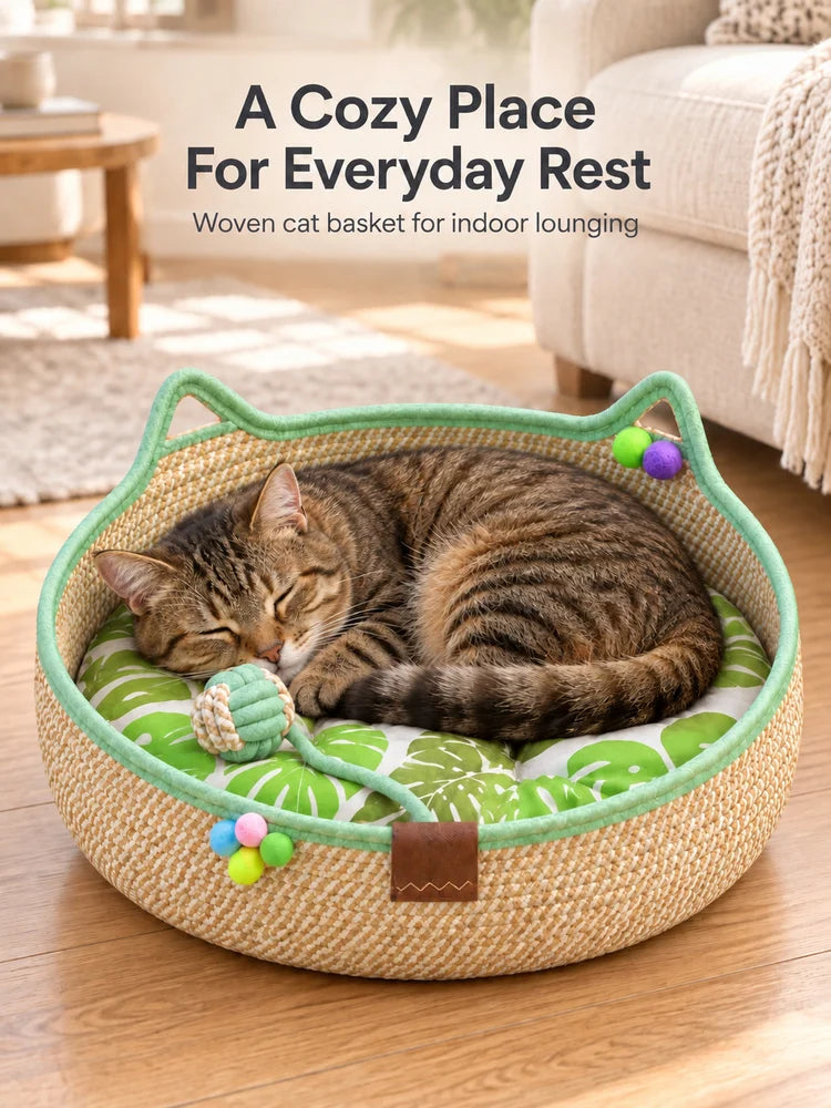 Comfortable Round Woven Cat Bed With Stylish Ear Design by Annie N Poe Cattastic Supplies
