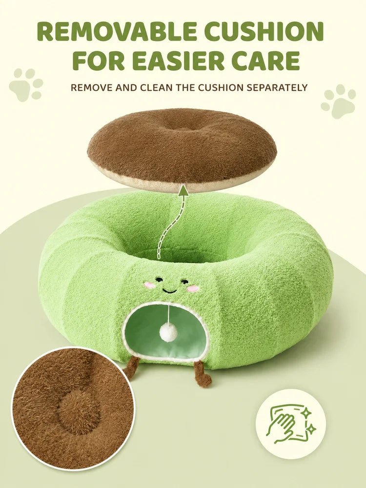 Convertible Cat Tunnel Bed With Plush Donut And Removable Cushion