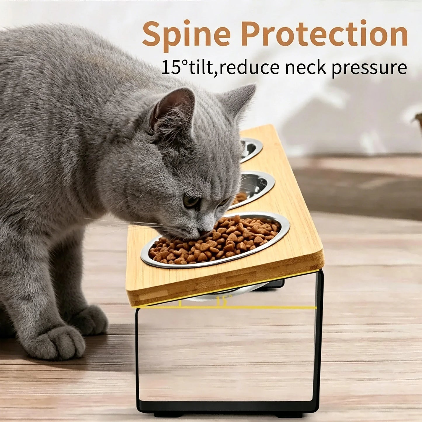 3 Bowls Elevated Cat Feeder 15° Tilted Bamboo Iron Stand Stainless Steel Pet Food Water Bowls Waterproof Anti-slip Silicone Feeding Mat for Kittens Puppies