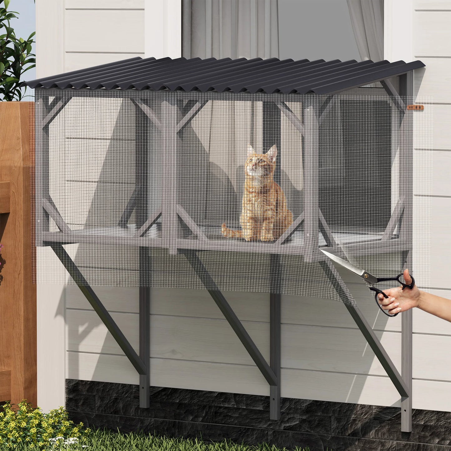 Cat Window Box, 43.3" Catio Outdoor Cat Enclosure with Bug Proof Net for Sunbathing, Napping & Viewing, Window Perch Cat Cage