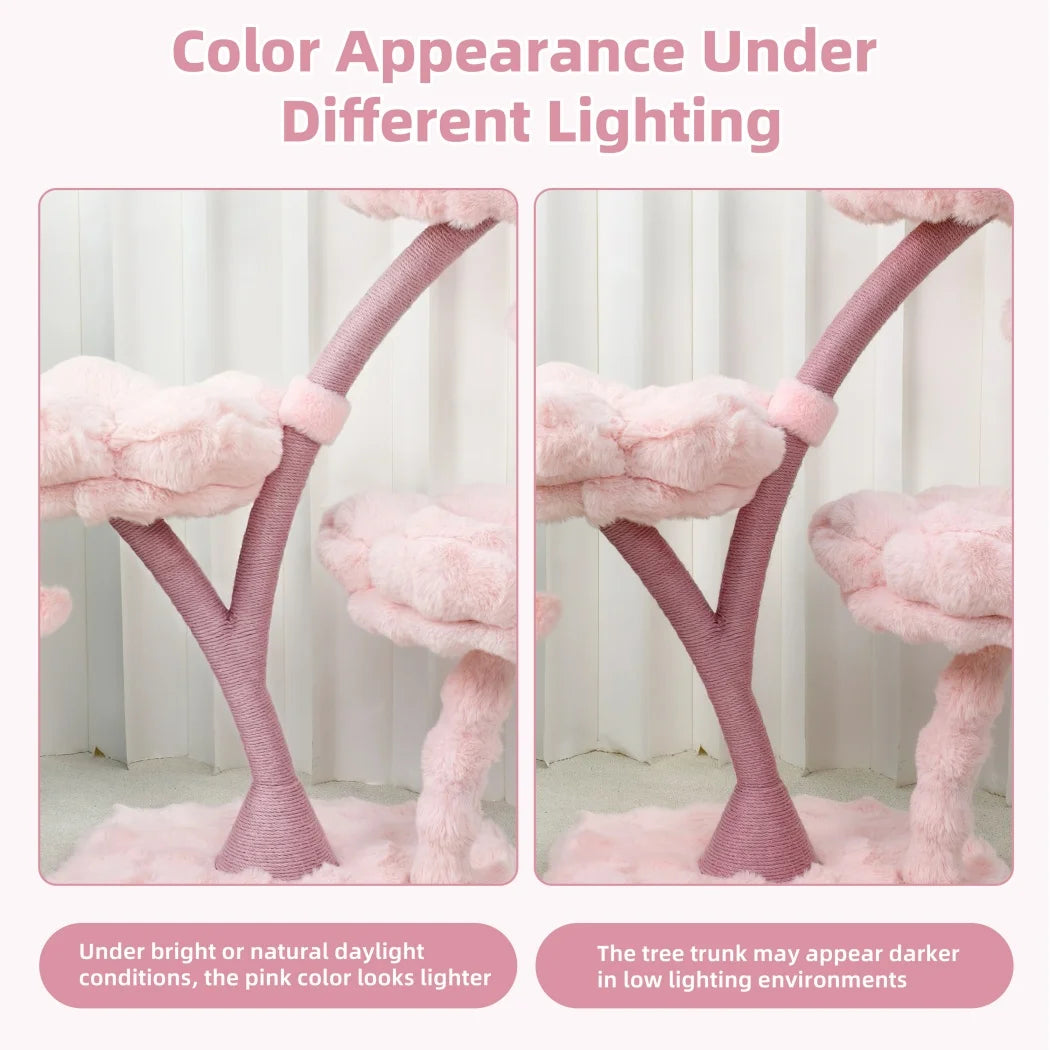105cm Tall Pink Flower Cat Tree Tower with Scratching Post Wood Branch Cat Cushioned Bed Hanging Ball Toy