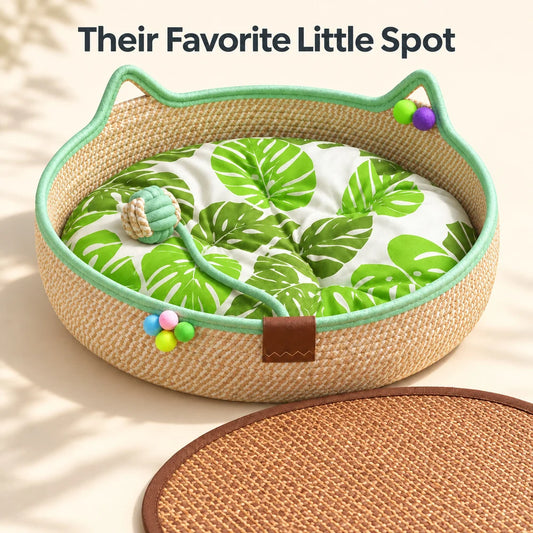 Woven Cat Bed For Indoor Cats Round Cat Basket With Cat Ear Design Cozy Cat Lounger For Kittens And Small Cats Indoor Pet Sleeping Basket For Napping And Relaxing by Annie N Poe Cattastic Supplies