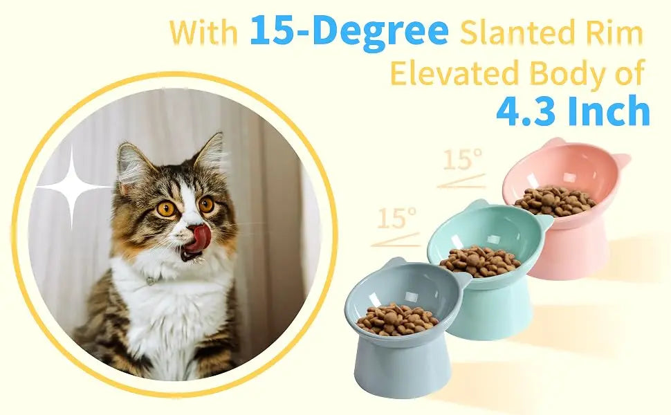 Tilted Cat Food Bowl - Whisker Friendly, Anti Vomiting, Slanted, Cat Bowl, Blue
