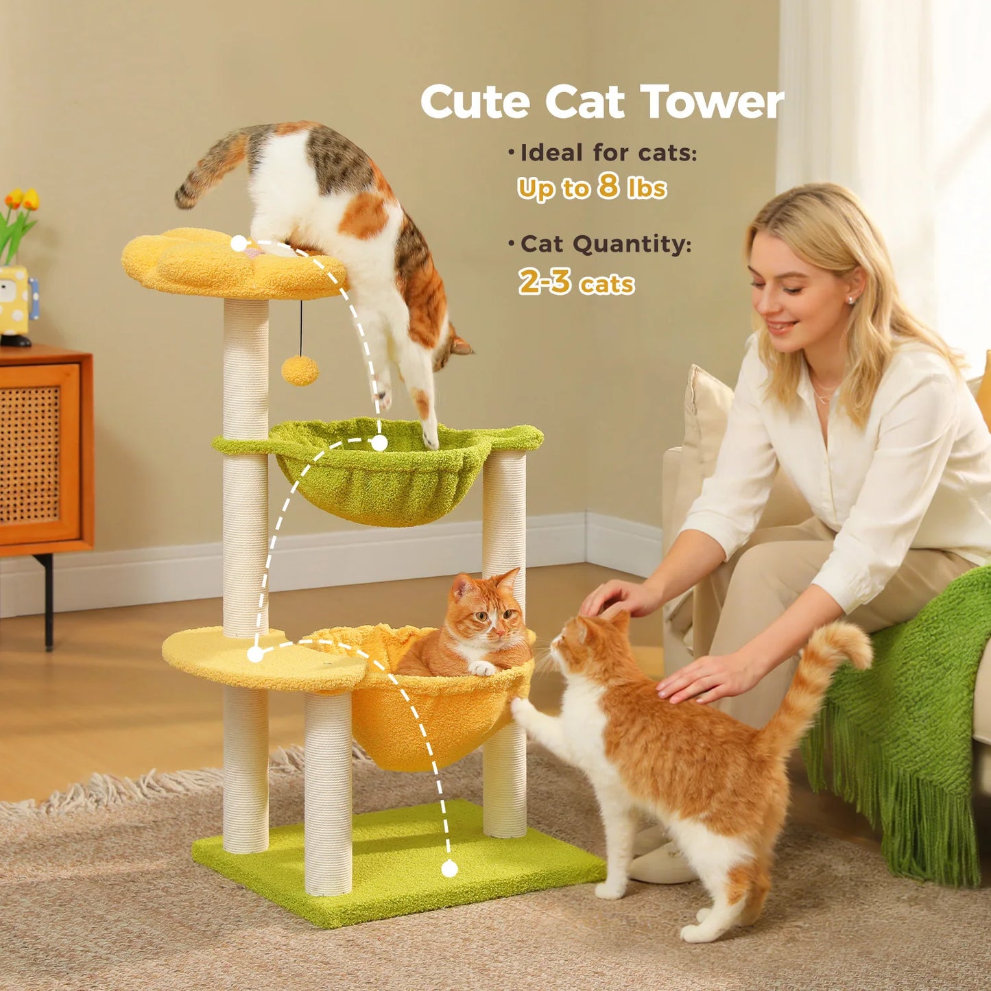 Flower Cat Tree with 2 Cozy Hammocks Sisal Scratching Posts Soft Top Perch Small Cat Tower for Indoor Kitty Cat Furniture Cat Toys