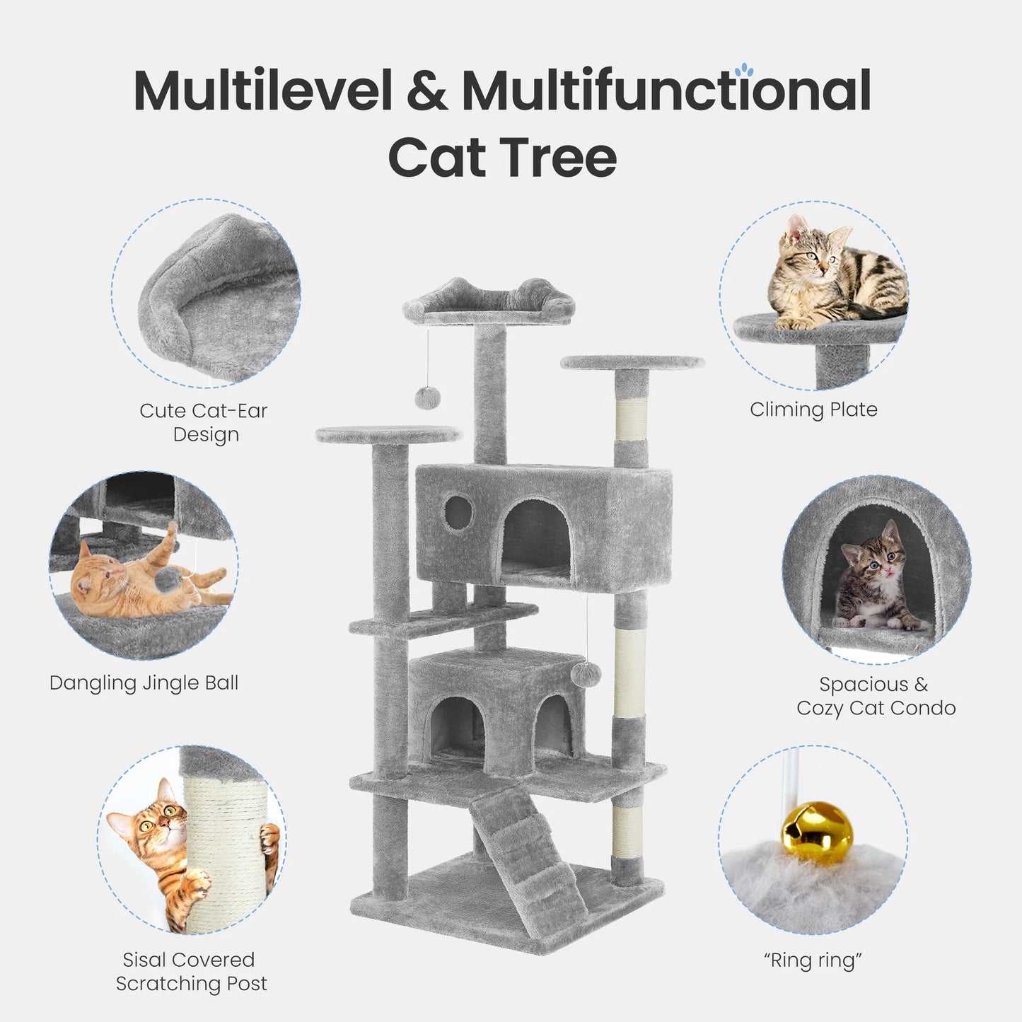 MCQ 54IN Indoor Cat Tree Tower Multi-Level with Sisal Scratching Post Round Platform Condo with Climbing Ladder Toys For Home