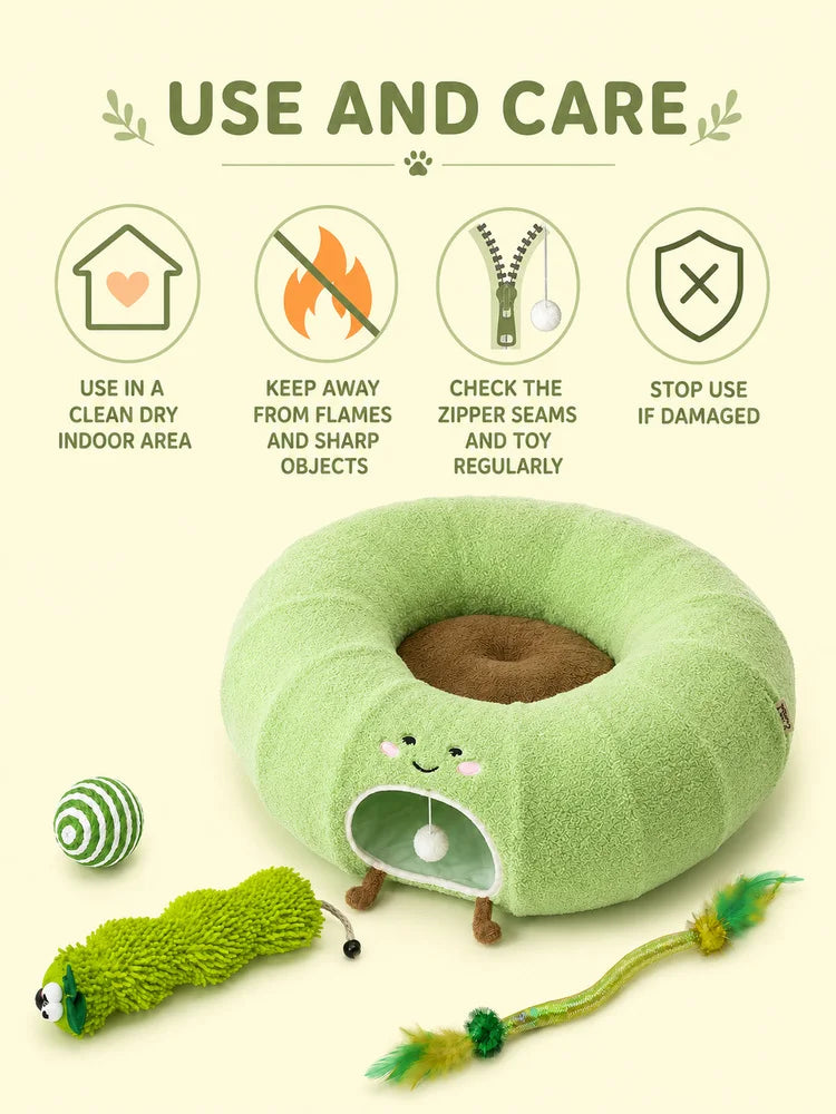 Convertible Cat Tunnel Bed With Plush Donut And Removable Cushion