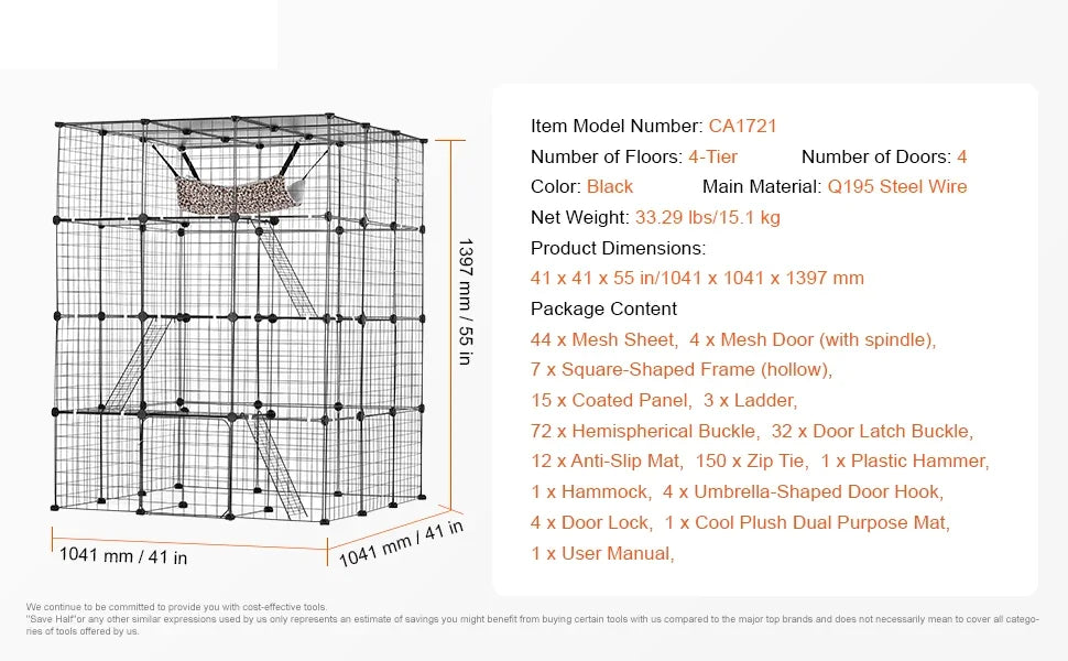 SucceBuy Large Cat Cage Detachable Metal Wire Cat Enclosure with Front Doors Hammock Ramp ladders Crate Exercise Place for Cat