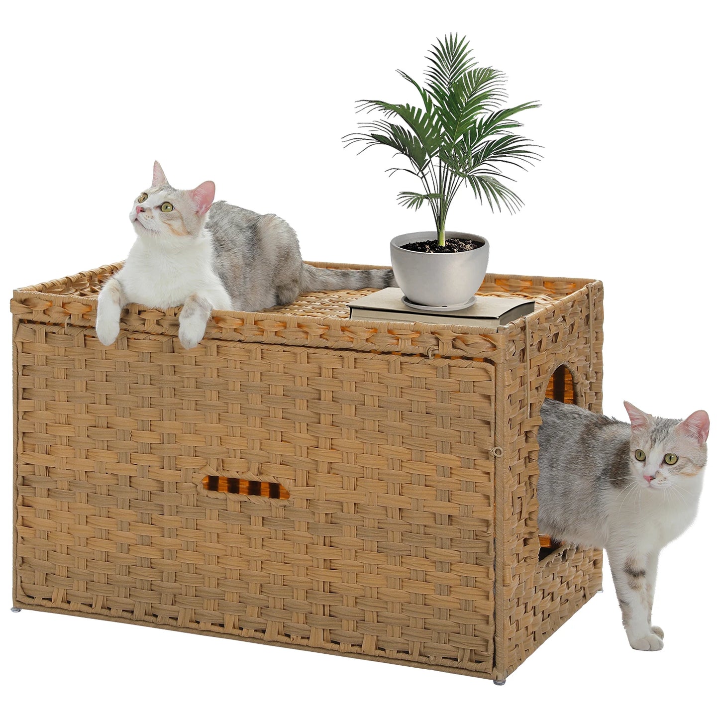 Rattan Cat Litter Box Enclosure with Taller Doorway and Flip-Up Design-More Space Raised Edge Mat-Cat House Cabinet Furniture