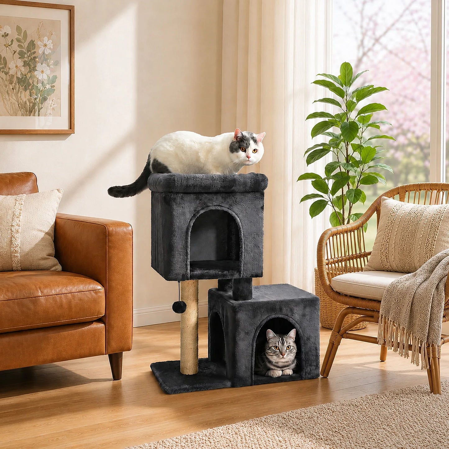 30-Inch Cat Tree with 2 Cozy Condos Sisal Scratching Post Soft Top Perch Hanging Pompom Small Cat Tower for Indoor Kitten Furniture House Cat Toys