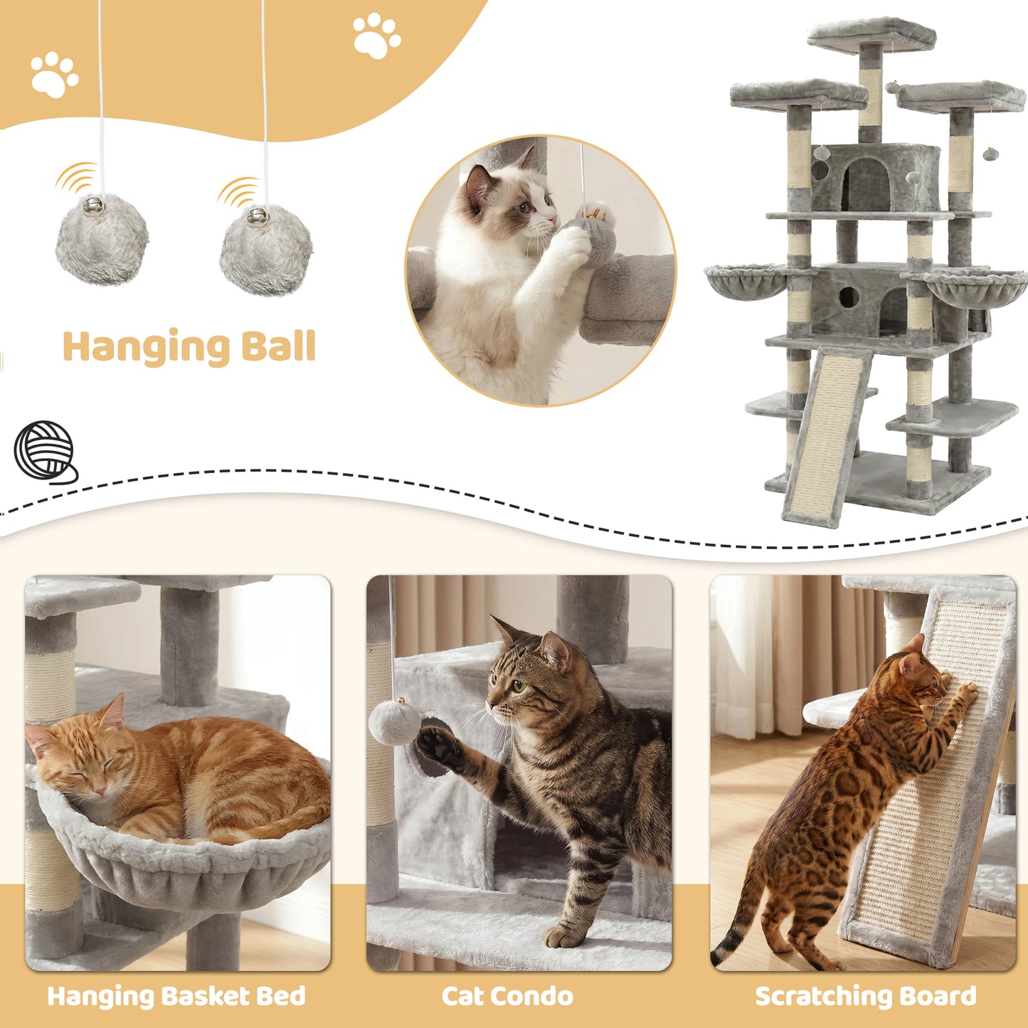 FOOWIN 173cm 68in Large Multi Level Cat Tree Tower Indoor Activity Center 2 Condos 3 Plush Perches Scratching Post Kitten Pet