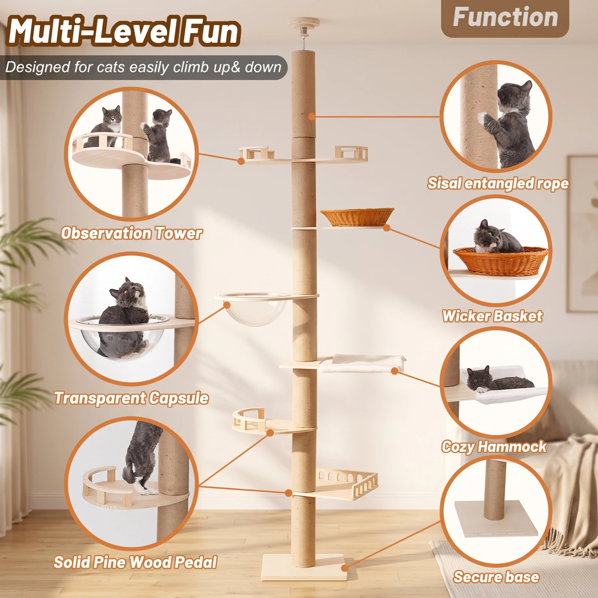 Adjustable Cat Tree With Sisal Posts Hammock And Cozy Capsule