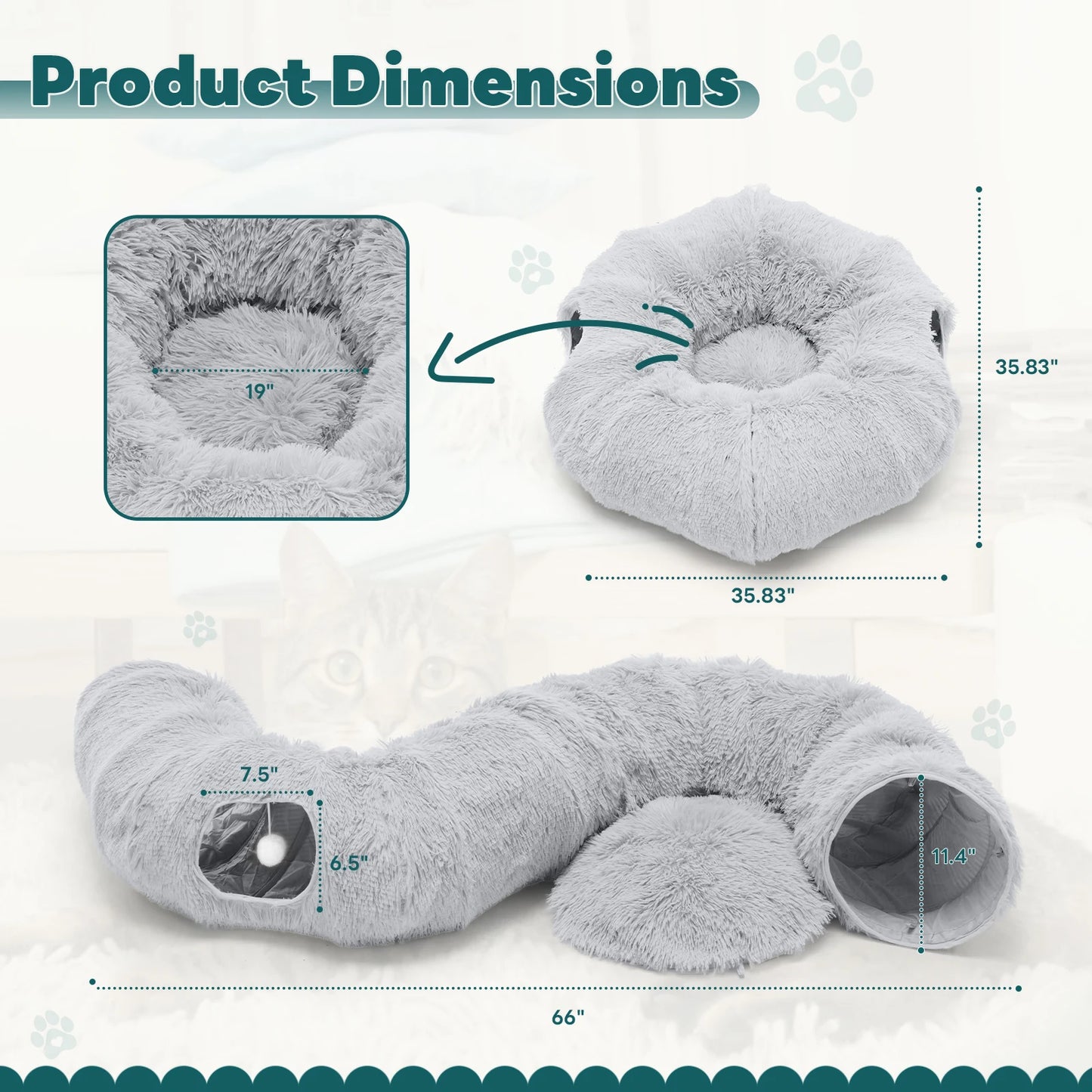 JHK Cat Tunnel Bed for Indoor with Soft Plush Washable Multifunctional Playground Under Tree Pet Toys for Kittens Puppy