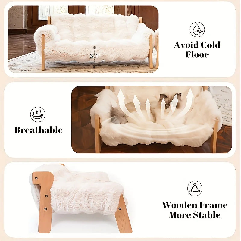 Raised Solid Wood Pet Couch Bed - Elevated Modern Cat & Dog Sofa Chair with Thick, Wide Wood Frame, (Suitable for cats & small D