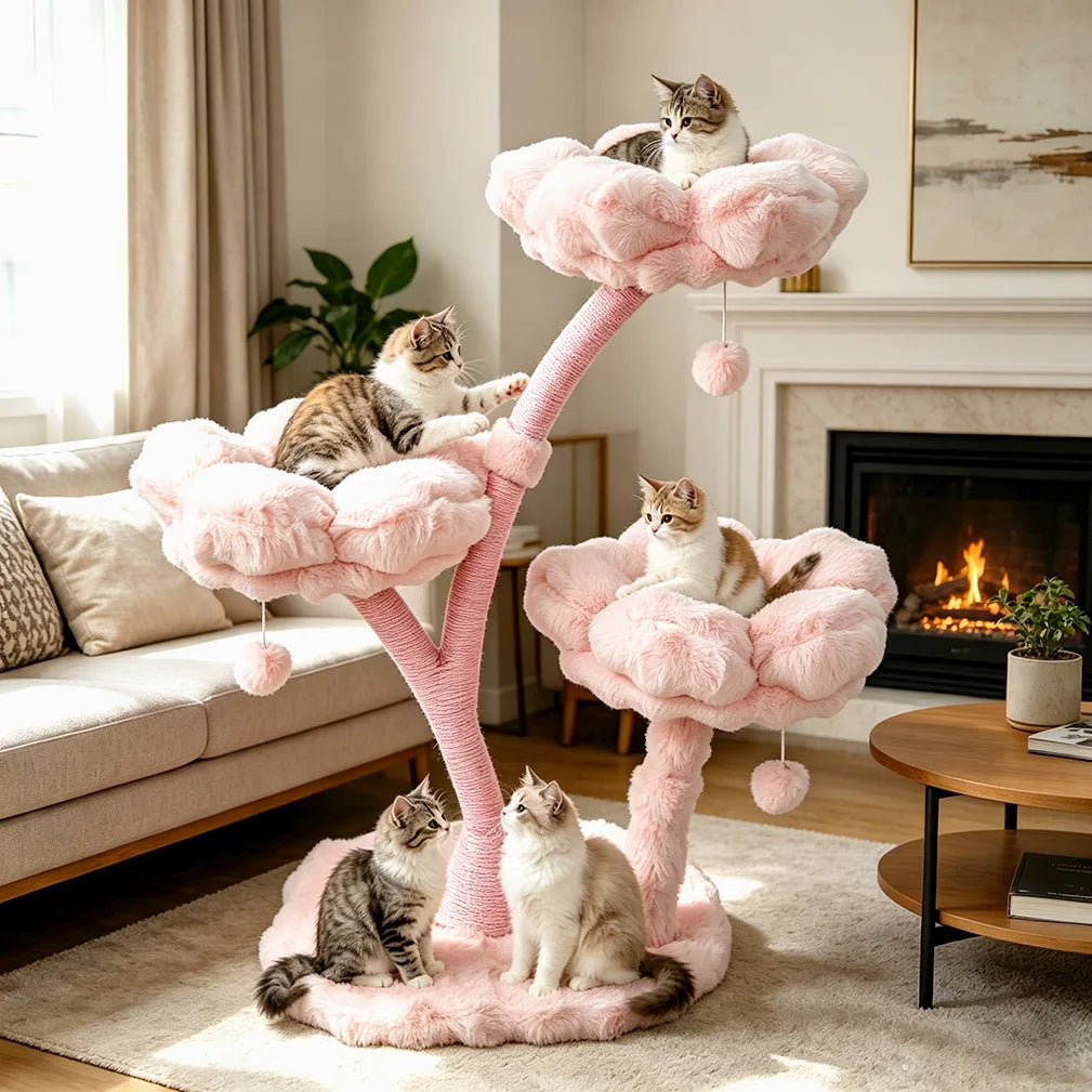 105cm Tall Pink Flower Cat Tree Tower with Scratching Post Wood Branch Cat Cushioned Bed Hanging Ball Toy
