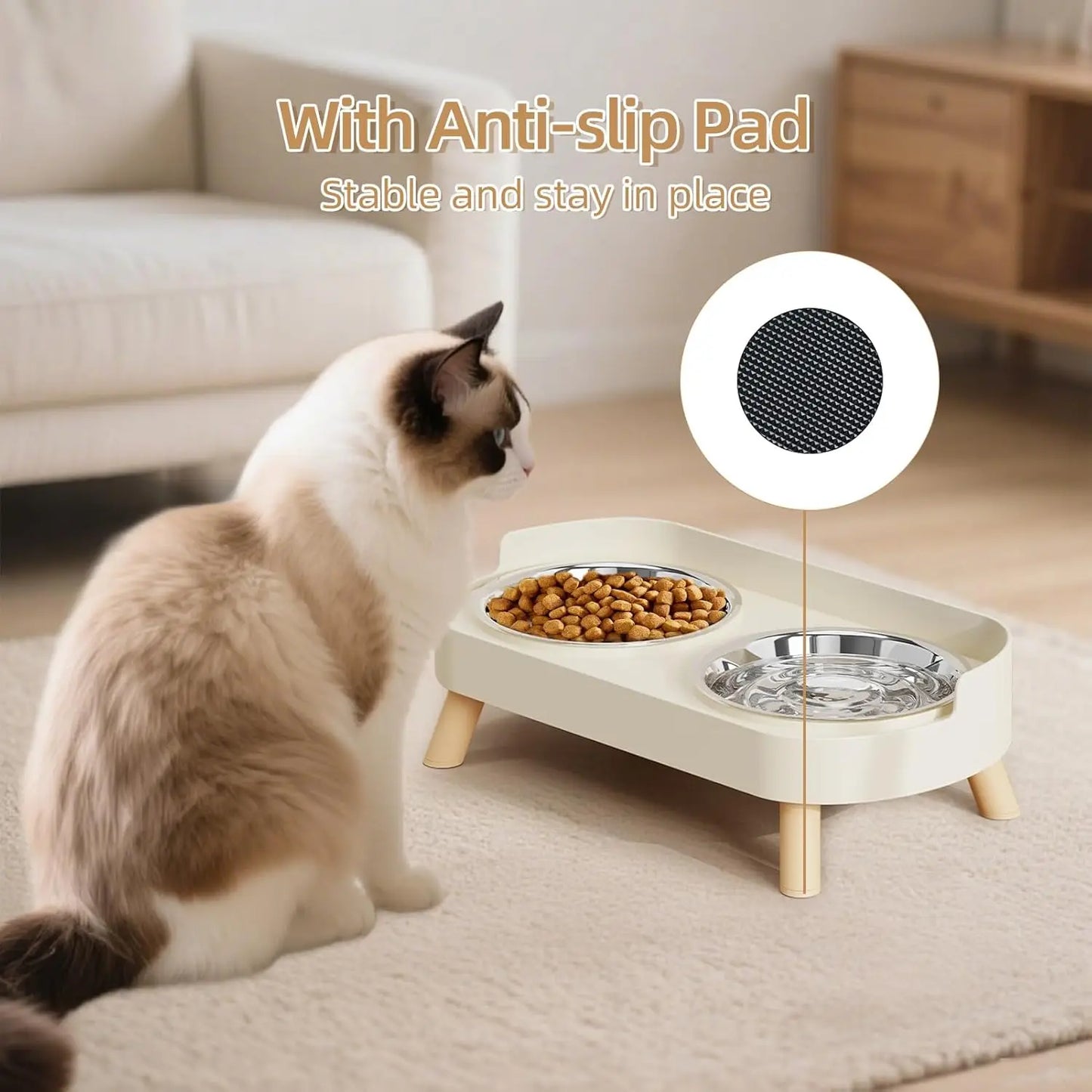 Elevated Cat Bowl, Raised Cat Food and Water Bowl Set for Indoor Cats, Splash Proof with  Stainless Steel Pet Food Bowls for Cats and Puppies, Whisker Fatigue and Dishwasher Safe - White