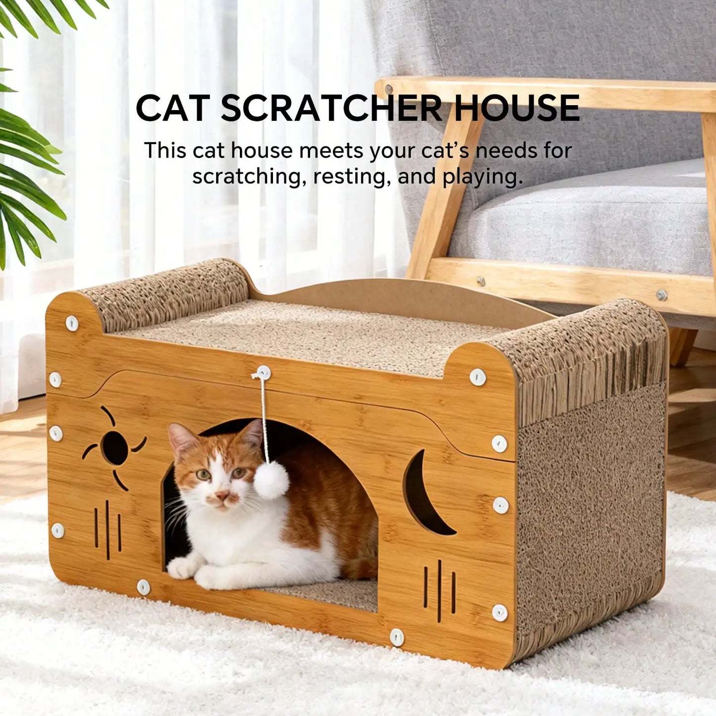 2 In 1 Double Layer Cardboard Cat Scratcher Lounge Bed Bubble Fish Star Moon Double Cat Head Pattern Detachable Upper Platform Cat Hideaway With 2 Hanging Pom Pom Balls For Multi Cat Households