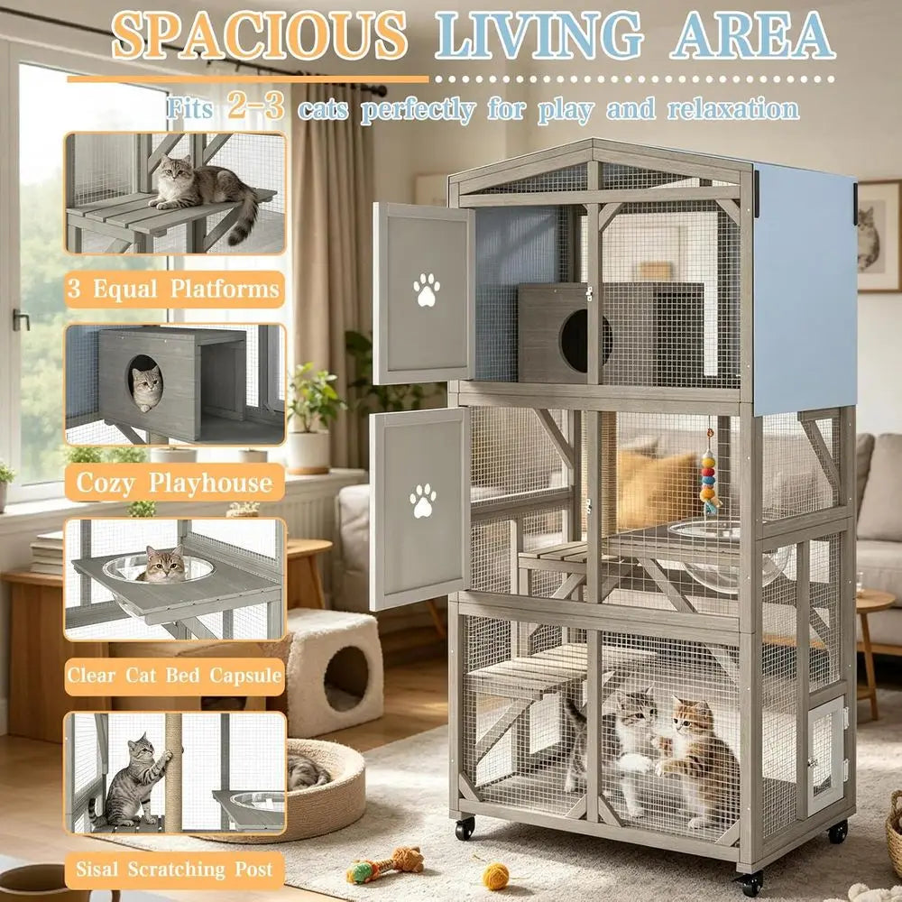 Weatherproof Wooden Cat Catio Enclosure Featuring Three Platforms and Mobility