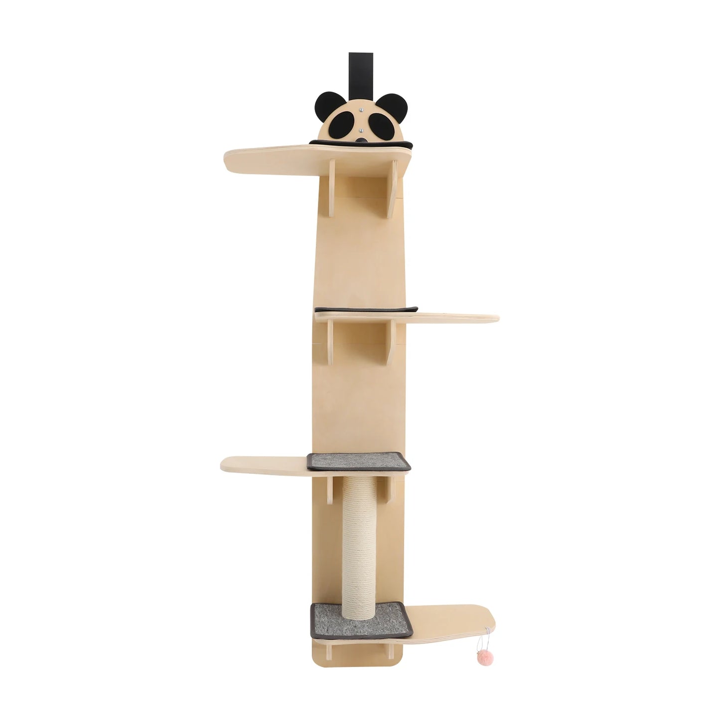 Light Wood Color Panda Head Solid Wood Cat Door Hanger 4-tier Door Hanging Cat Climber with Tease Ball Cat Tree Tower for  Cats To Climb, Scratch, Play, Rest