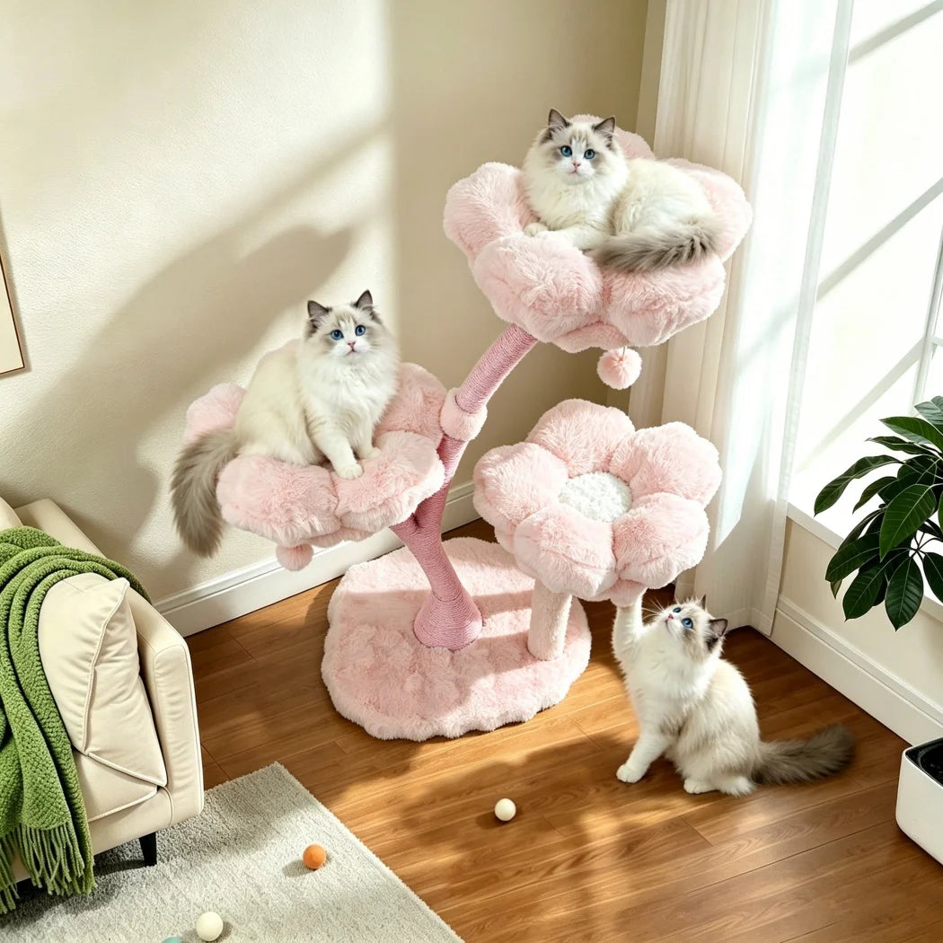 105cm Tall Pink Flower Cat Tree Tower with Scratching Post Wood Branch Cat Cushioned Bed Hanging Ball Toy