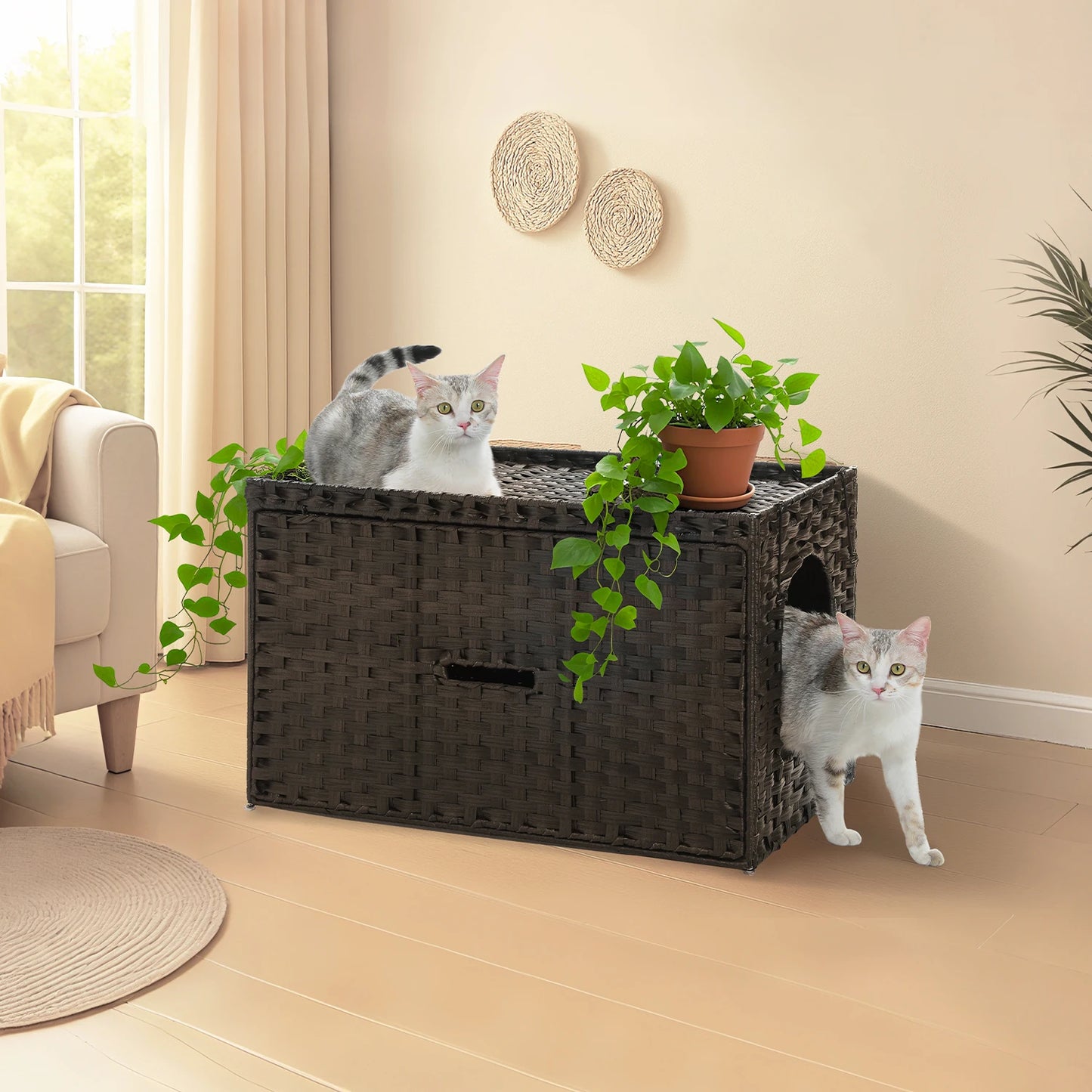 Rattan Cat Litter Box Enclosure with Taller Doorway and Flip-Up Design-More Space Raised Edge Mat-Cat House Cabinet Furniture