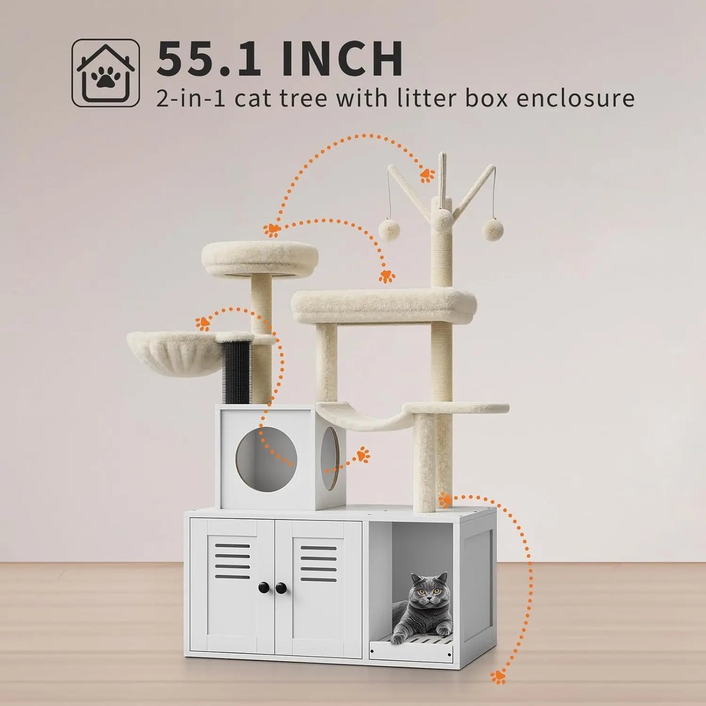 55-Inch Litter Box Enclosure with Cat Tree, 2-in-1 Modern Large Cat Tower for Indoor Cats with Condo/Hammock/Scratching Post/Plush Perch/Caves, Wooden Hidden Litter Box Furniture, White