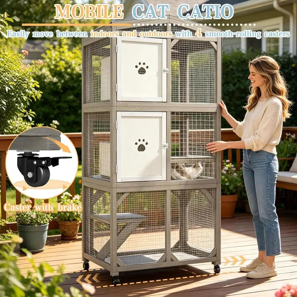 Weatherproof Wooden Cat Catio Enclosure Featuring Three Platforms and Mobility