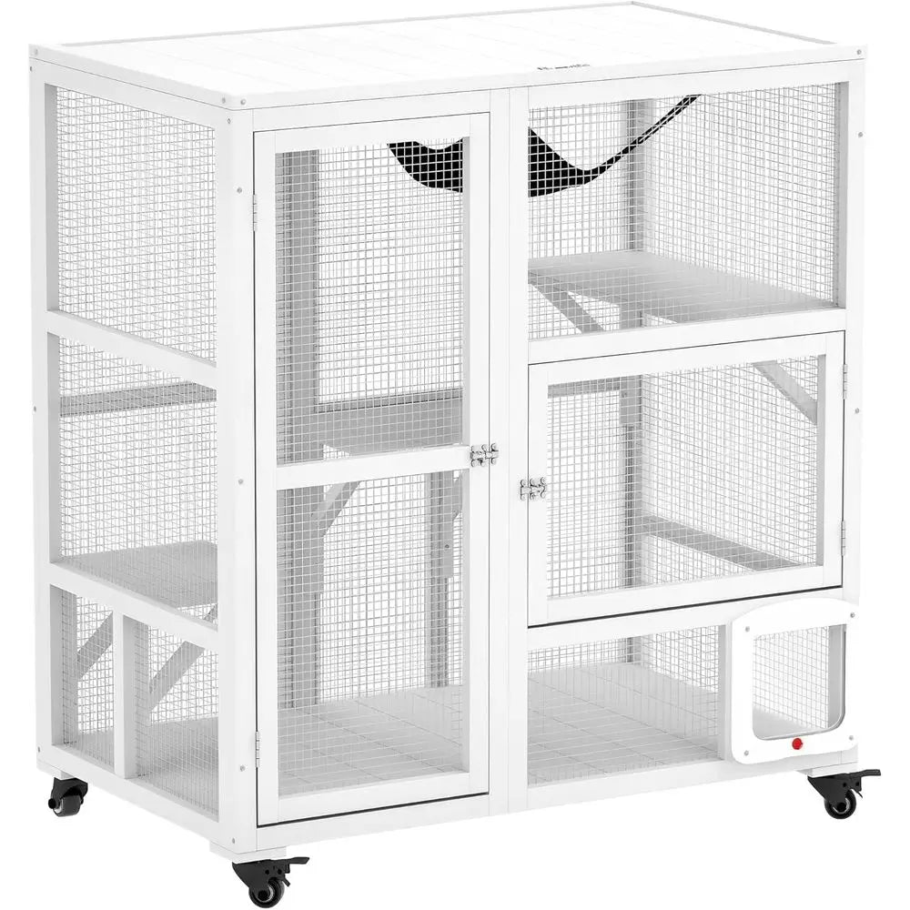 Indoor Wooden Catio, Cat House Cat Enclosure on Wheels with 3 Platorms, Hammock, Cat lap Door & Openable Top, Luxury Kitty House