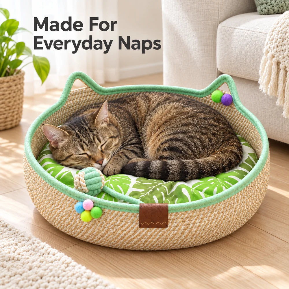Comfortable Round Woven Cat Bed With Stylish Ear Design by Annie N Poe Cattastic Supplies