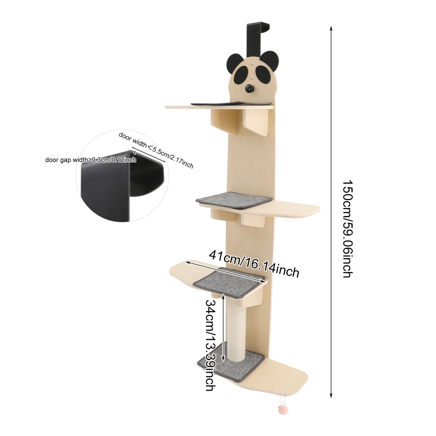 Light Wood Color Panda Head Solid Wood Cat Door Hanger 4-tier Door Hanging Cat Climber with Tease Ball Cat Tree Tower for  Cats To Climb, Scratch, Play, Rest
