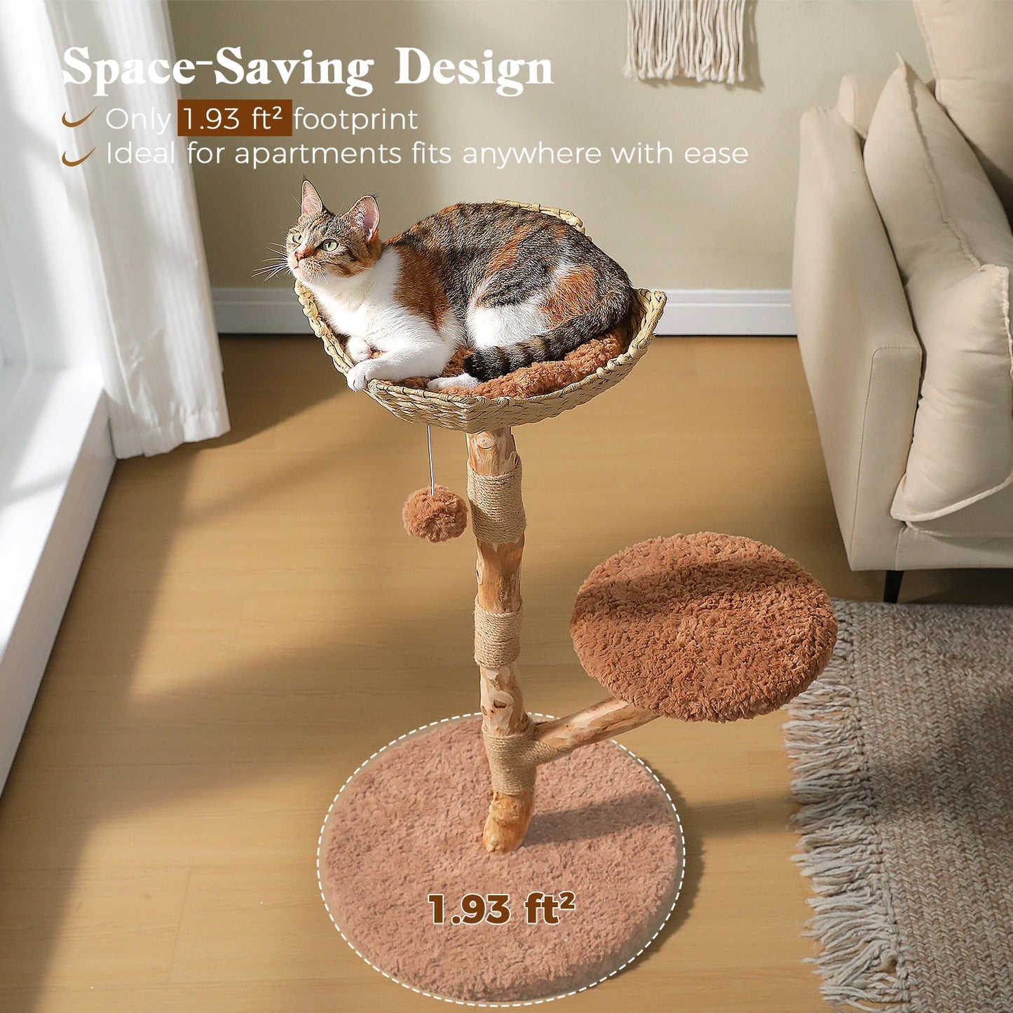 Wood Cat Tree with Wicker Basket Bed Sisal Scratching Posts Modern Cat Tower with Real Wood Branches Hanging Balls Luxury Boho Cat Furniture for Indoor Cat Toys
