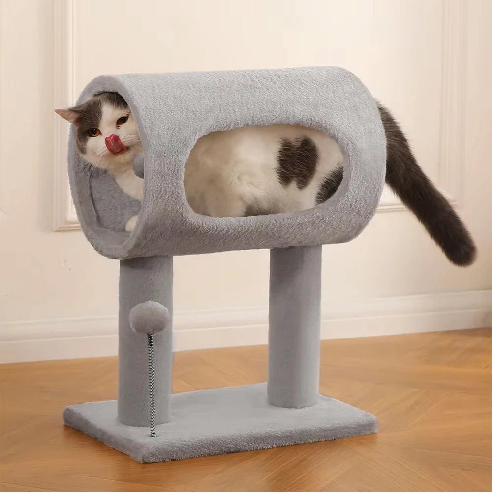 Modern Cat Tree with Plush Tunnel and Scratching Post, Indoor Cat Tower with Hanging Ball Toy for Kittens and Cats