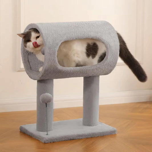 Modern Cat Tree with Plush Tunnel and Scratching Post, Indoor Cat Tower with Hanging Ball Toy for Kittens and Cats