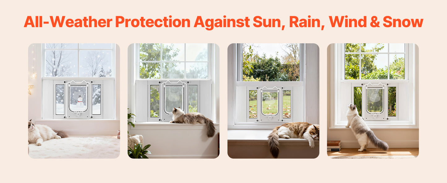 SucceBuy Cat Door for Window Adjustable to Fit Window Width 23"-28" 4 Secure Lock Modes Magnetic Closure Pet Door for Cats White