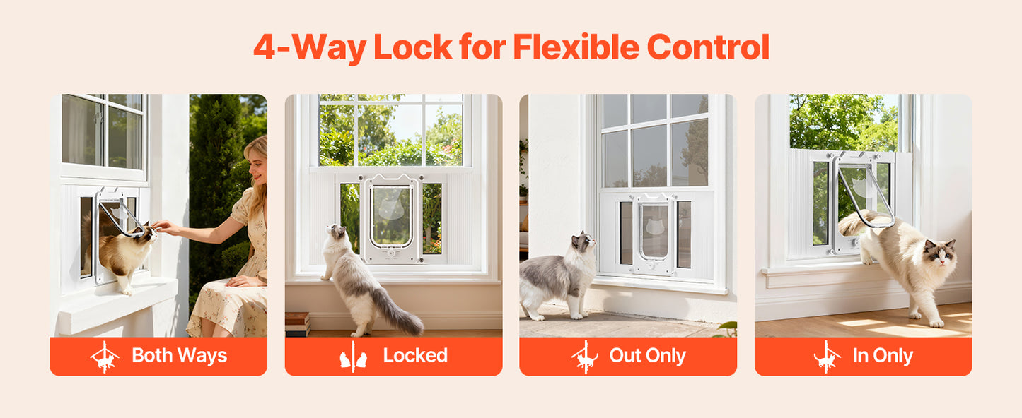 SucceBuy Cat Door for Window Adjustable to Fit Window Width 23"-28" 4 Secure Lock Modes Magnetic Closure Pet Door for Cats White