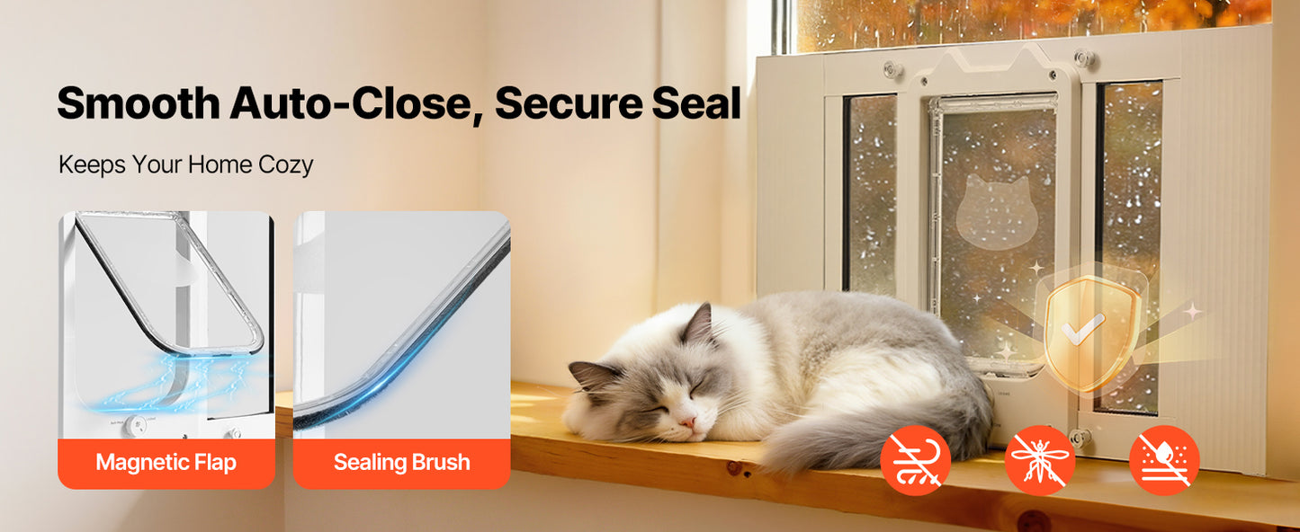 SucceBuy Cat Door for Window Adjustable to Fit Window Width 23"-28" 4 Secure Lock Modes Magnetic Closure Pet Door for Cats White
